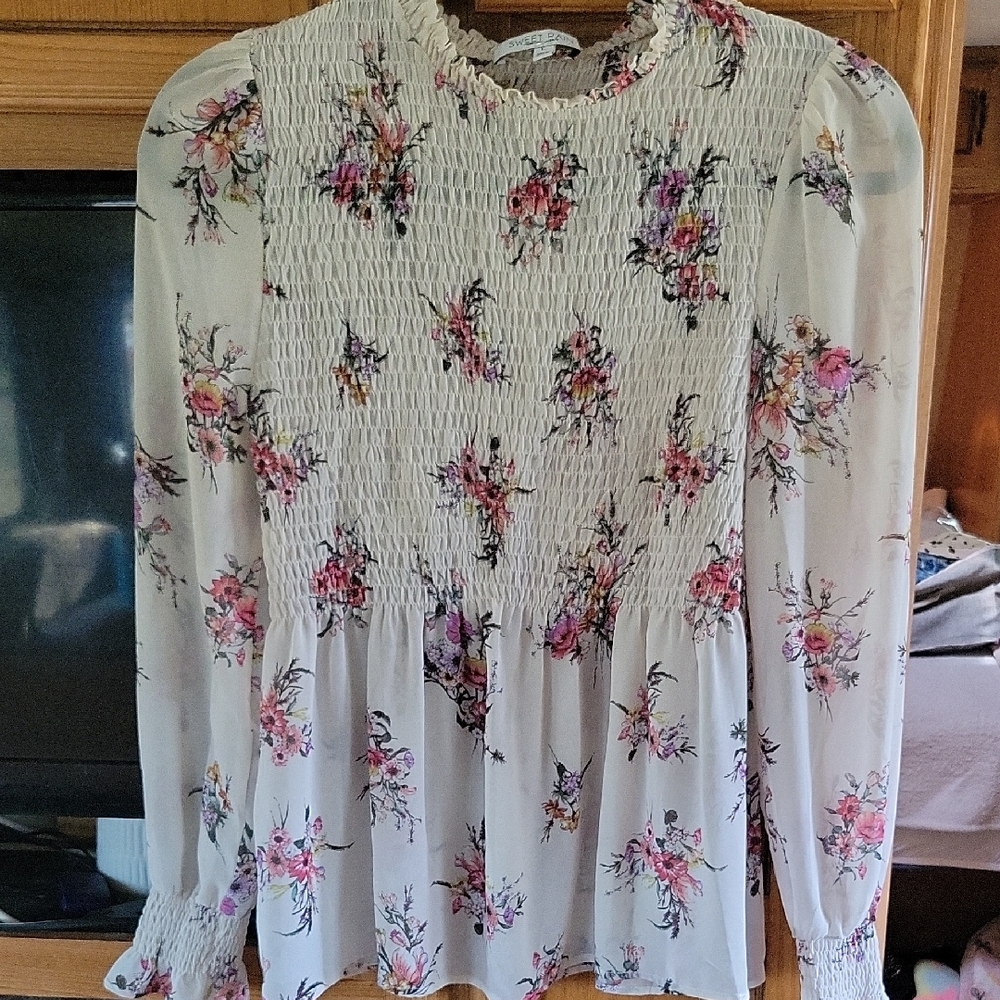 Floral Smocked Long-Sleeve Sheer  Top - White/Pink
